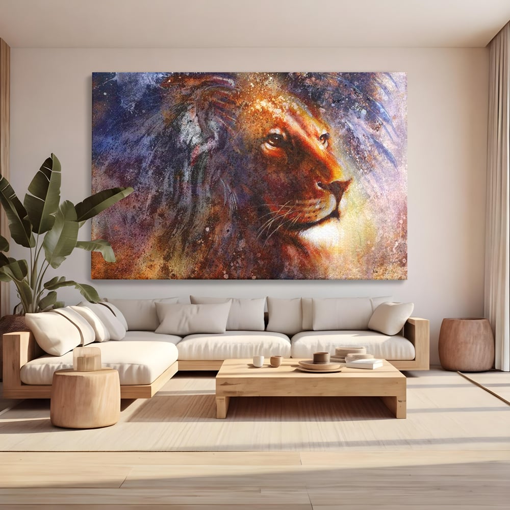 Tablou canvas cu tablou canvas cu leu in nuante cosmice, fara rama, pe sasiu de lemn, pe perete intr-un living